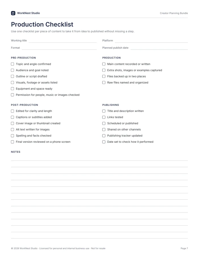 The production checklist from the Creator Planning Bundle, used once per piece of content.